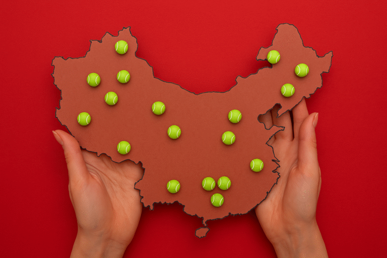Map of China with tennis ball markers symbolizing the new tennis development plan and grassroots program