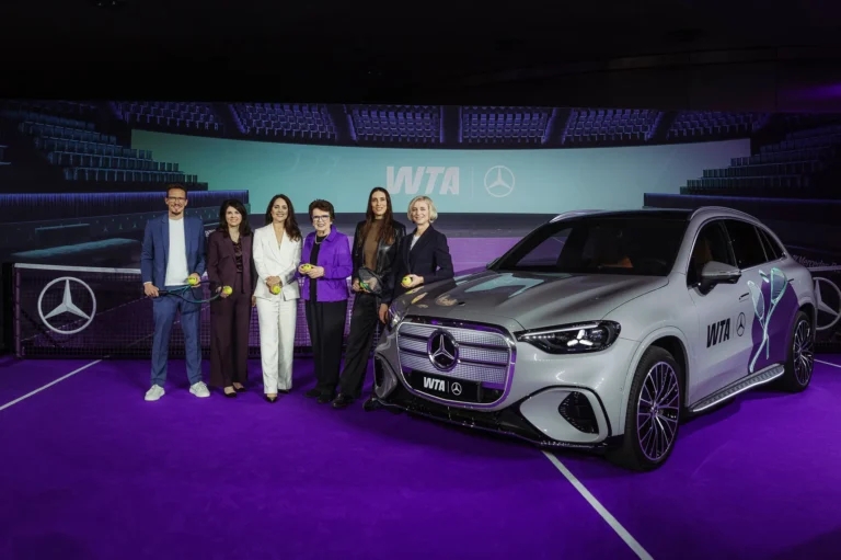 WTA and Mercedes-Benz partnership announcement featuring WTA leadership, Billie Jean King and Mercedes-Benz executives